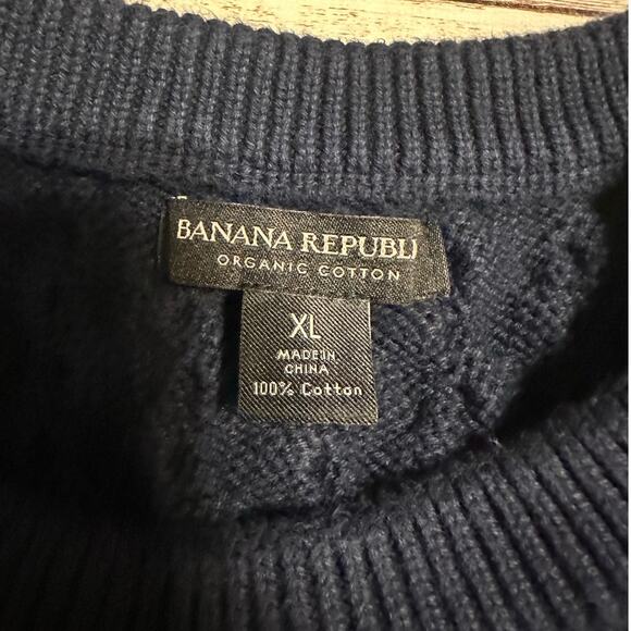 Banana Republic Organic Cotton Cable Knit Crewneck Sweater Men's Large Navy VTG - Picture 4 of 7